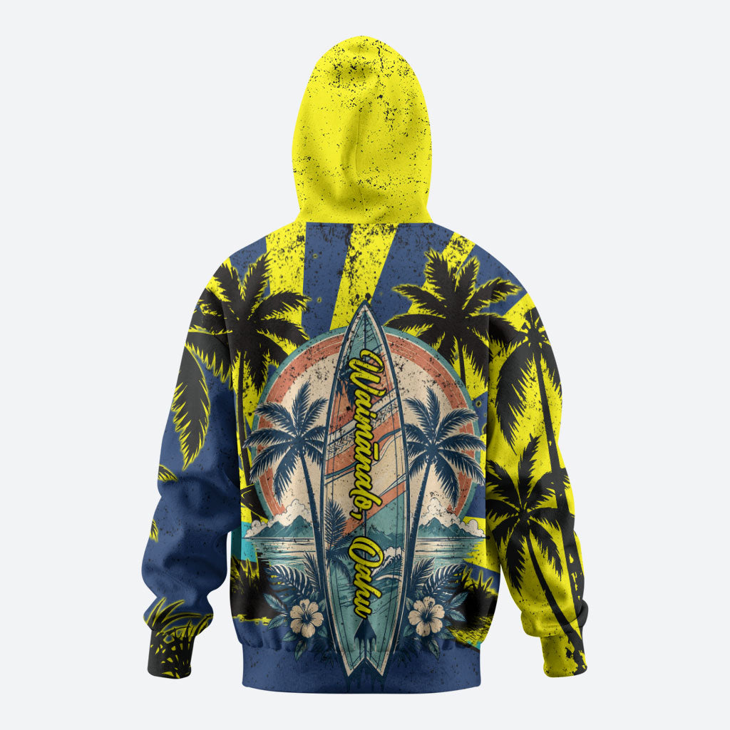Waimanalo Oahu Hawaii Surfing Zip Hoodie Tropical Beach Retro Sunburst Surfboard