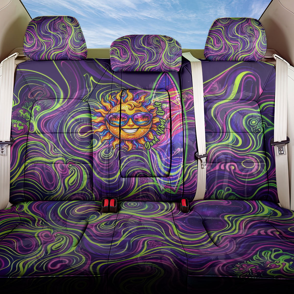 Waimanalo Hawaii Sun Rabbit Back Car Seat Cover Psychedelic Trippy Neon Swirl Graphic