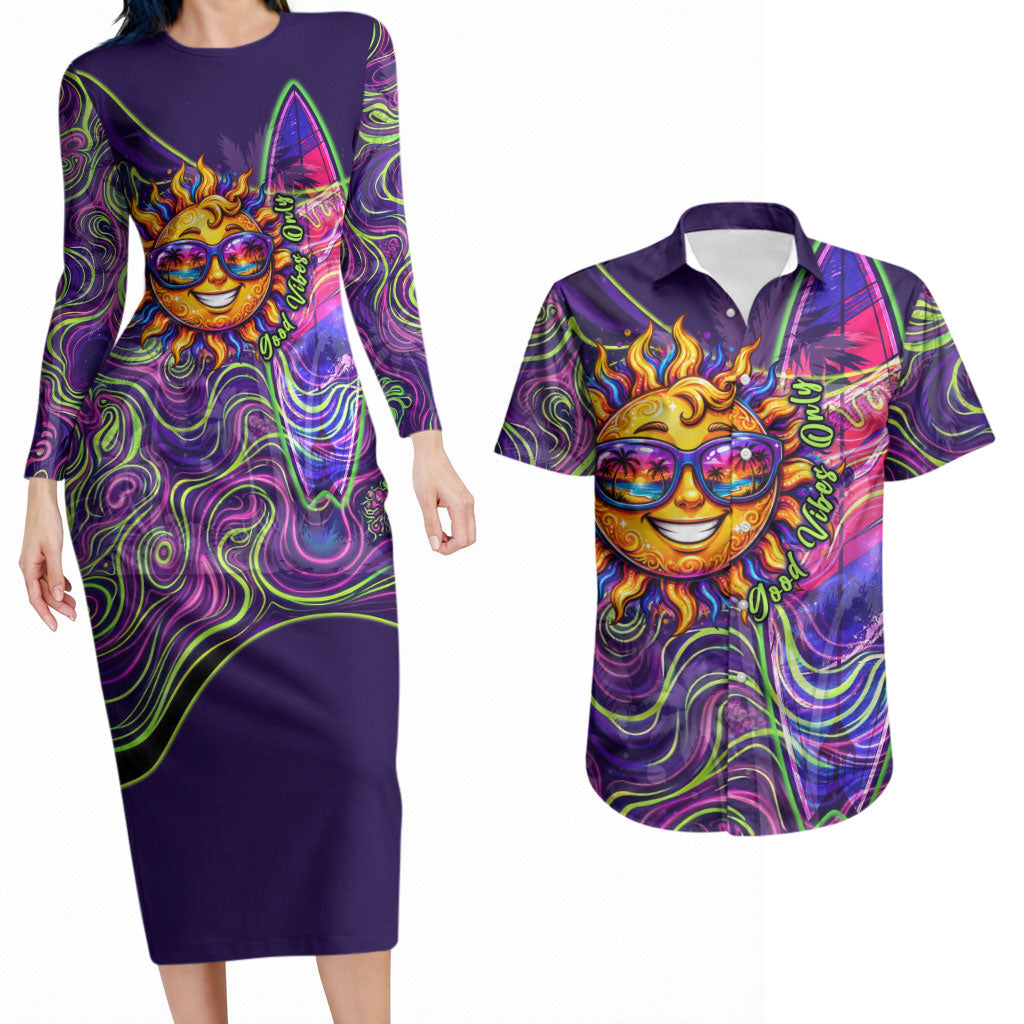 Waimanalo Hawaii Sun Rabbit Couples Matching Long Sleeve Bodycon Dress and Hawaiian Shirt Psychedelic Trippy Neon Swirl Graphic