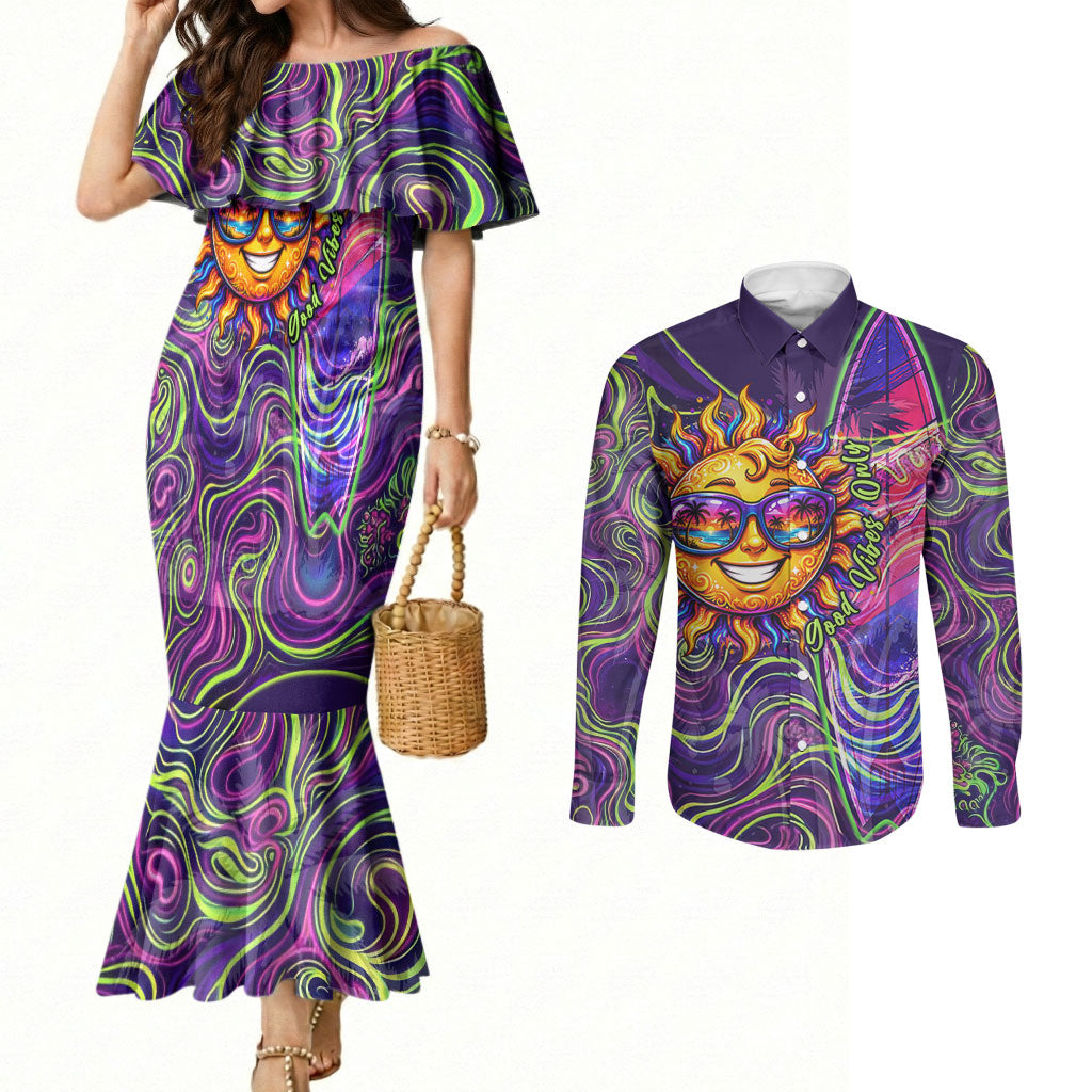 Waimanalo Hawaii Sun Rabbit Couples Matching Mermaid Dress and Long Sleeve Button Shirt Psychedelic Trippy Neon Swirl Graphic