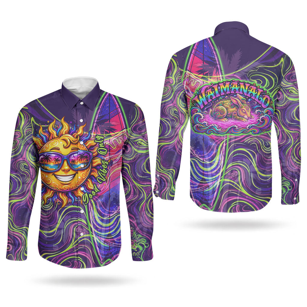 Waimanalo Hawaii Sun Rabbit Couples Matching Mermaid Dress and Long Sleeve Button Shirt Psychedelic Trippy Neon Swirl Graphic