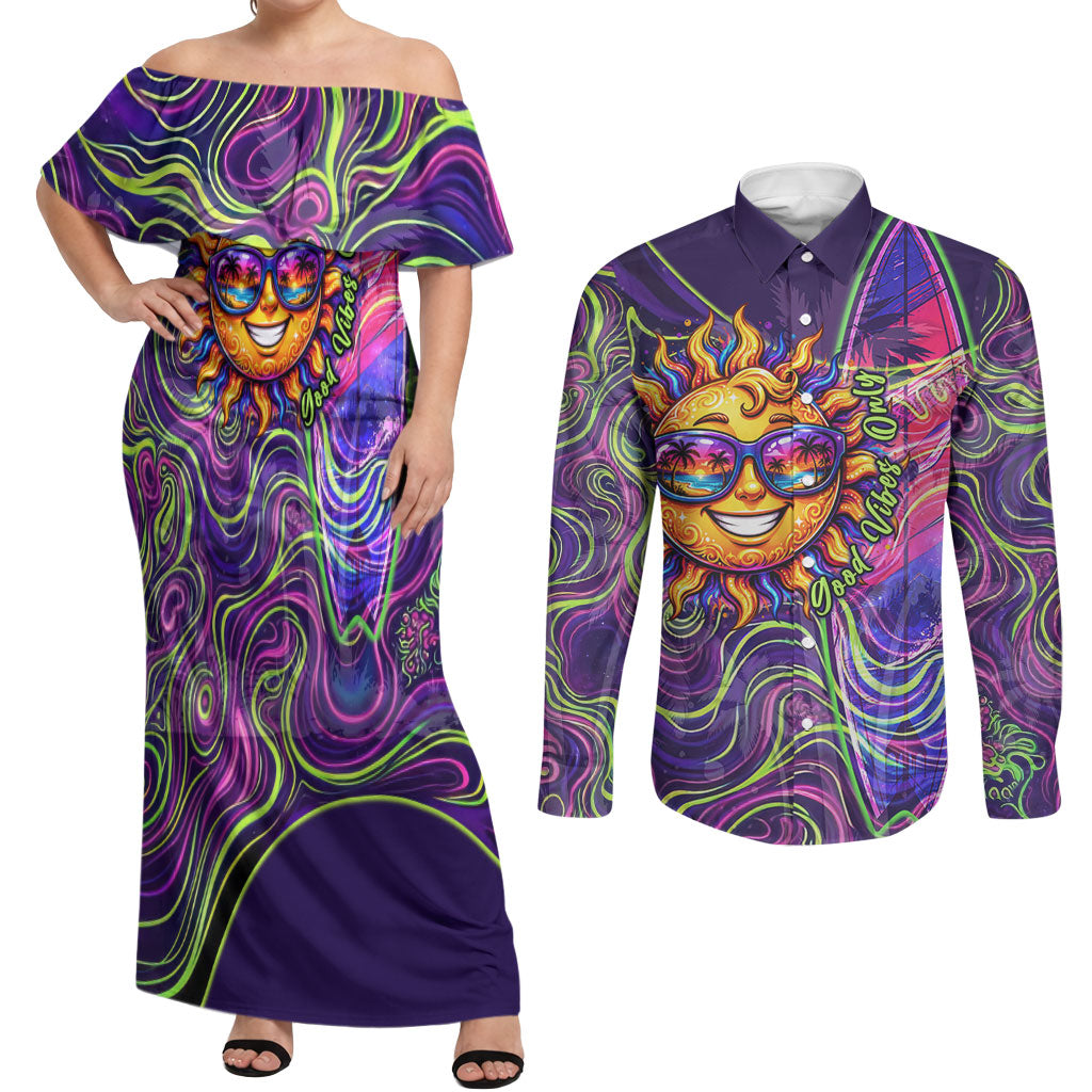 Waimanalo Hawaii Sun Rabbit Couples Matching Off Shoulder Maxi Dress and Long Sleeve Button Shirt Psychedelic Trippy Neon Swirl Graphic
