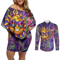 Waimanalo Hawaii Sun Rabbit Couples Matching Off Shoulder Short Dress and Long Sleeve Button Shirt Psychedelic Trippy Neon Swirl Graphic