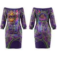 Waimanalo Hawaii Sun Rabbit Couples Matching Off The Shoulder Long Sleeve Dress and Hawaiian Shirt Psychedelic Trippy Neon Swirl Graphic