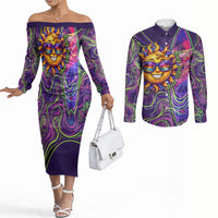 Waimanalo Hawaii Sun Rabbit Couples Matching Off The Shoulder Long Sleeve Dress and Long Sleeve Button Shirt Psychedelic Trippy Neon Swirl Graphic