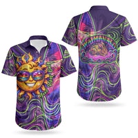 Waimanalo Hawaii Sun Rabbit Couples Matching Short Sleeve Bodycon Dress and Hawaiian Shirt Psychedelic Trippy Neon Swirl Graphic
