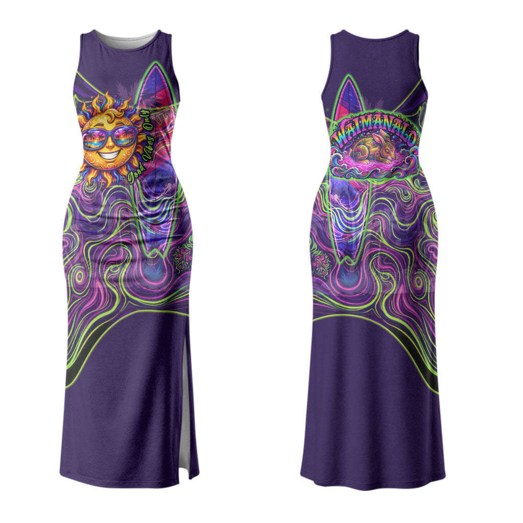 Waimanalo Hawaii Sun Rabbit Couples Matching Tank Maxi Dress and Long Sleeve Button Shirt Psychedelic Trippy Neon Swirl Graphic