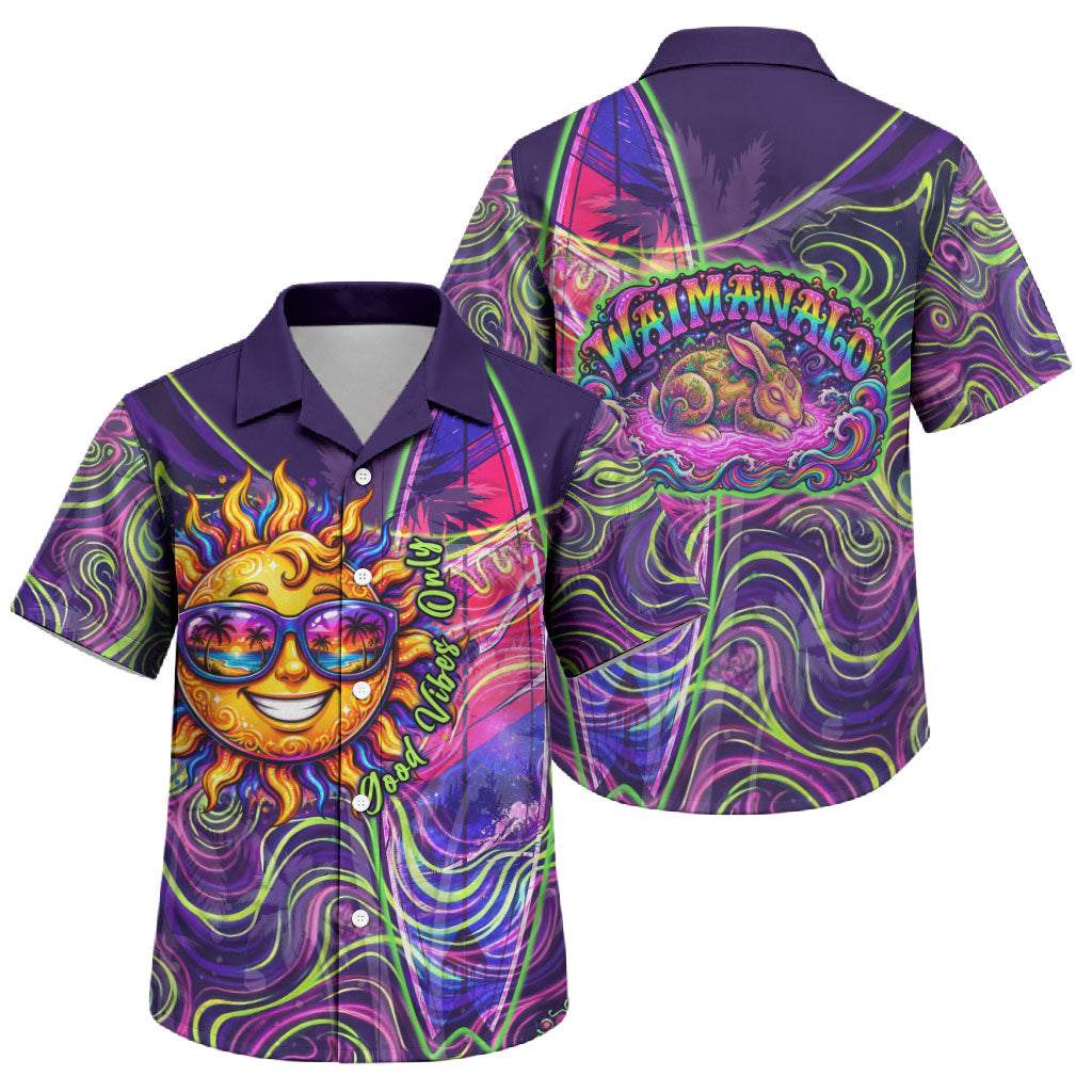 Waimanalo Hawaii Sun Rabbit Family Matching Off The Shoulder Long Sleeve Dress and Hawaiian Shirt Psychedelic Trippy Neon Swirl Graphic