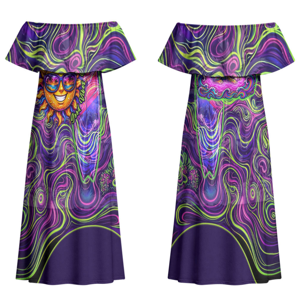 Waimanalo Hawaii Sun Rabbit Family Matching Off Shoulder Maxi Dress and Hawaiian Shirt Psychedelic Trippy Neon Swirl Graphic