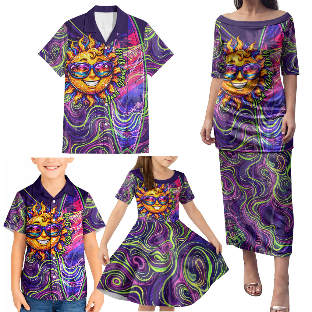 Waimanalo Hawaii Sun Rabbit Family Matching Puletasi and Hawaiian Shirt Psychedelic Trippy Neon Swirl Graphic