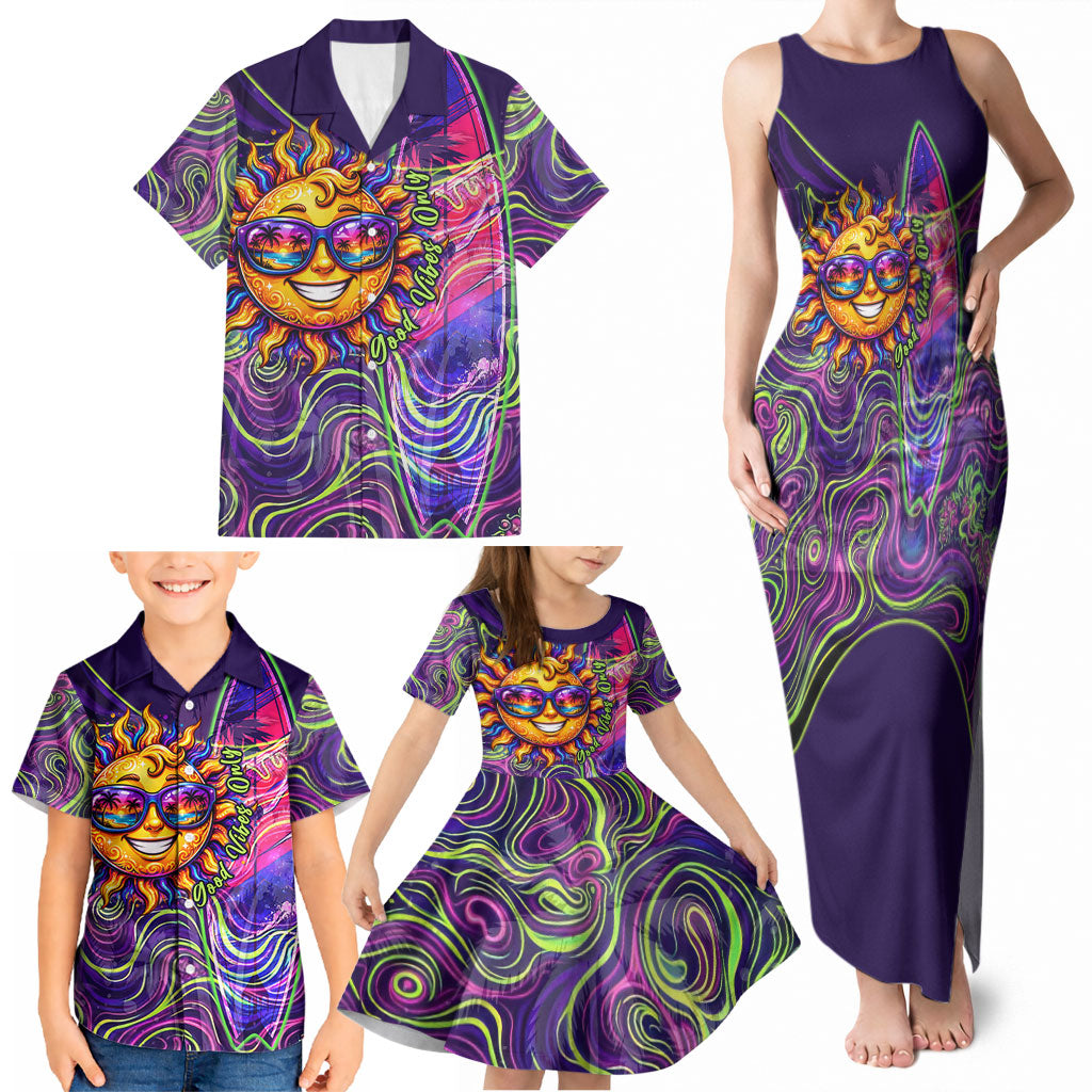 Waimanalo Hawaii Sun Rabbit Family Matching Tank Maxi Dress and Hawaiian Shirt Psychedelic Trippy Neon Swirl Graphic