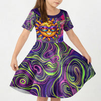 Waimanalo Hawaii Sun Rabbit Kid Short Sleeve Dress Psychedelic Trippy Neon Swirl Graphic