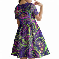 Waimanalo Hawaii Sun Rabbit Kid Short Sleeve Dress Psychedelic Trippy Neon Swirl Graphic