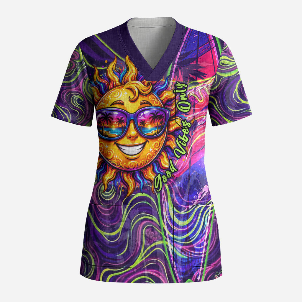 Waimanalo Hawaii Sun Rabbit Scrub Top Psychedelic Trippy Neon Swirl Graphic TS04 Adult Purple Green - Polynesian Pride