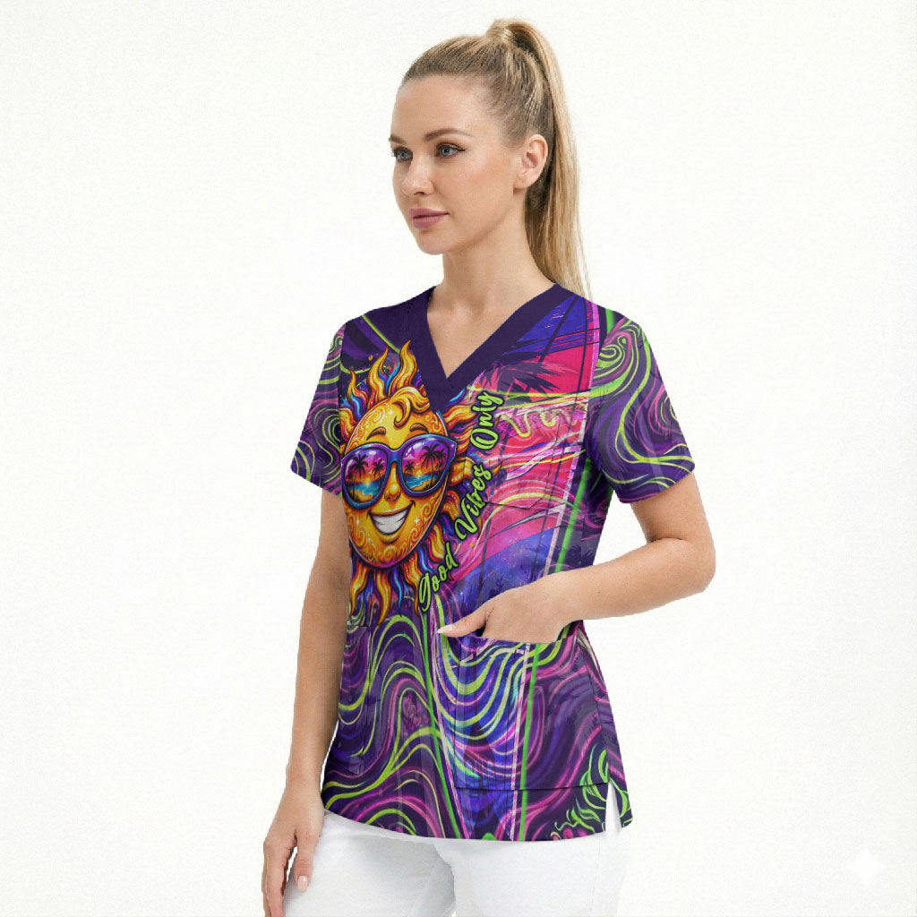 Waimanalo Hawaii Sun Rabbit Scrub Top Psychedelic Trippy Neon Swirl Graphic