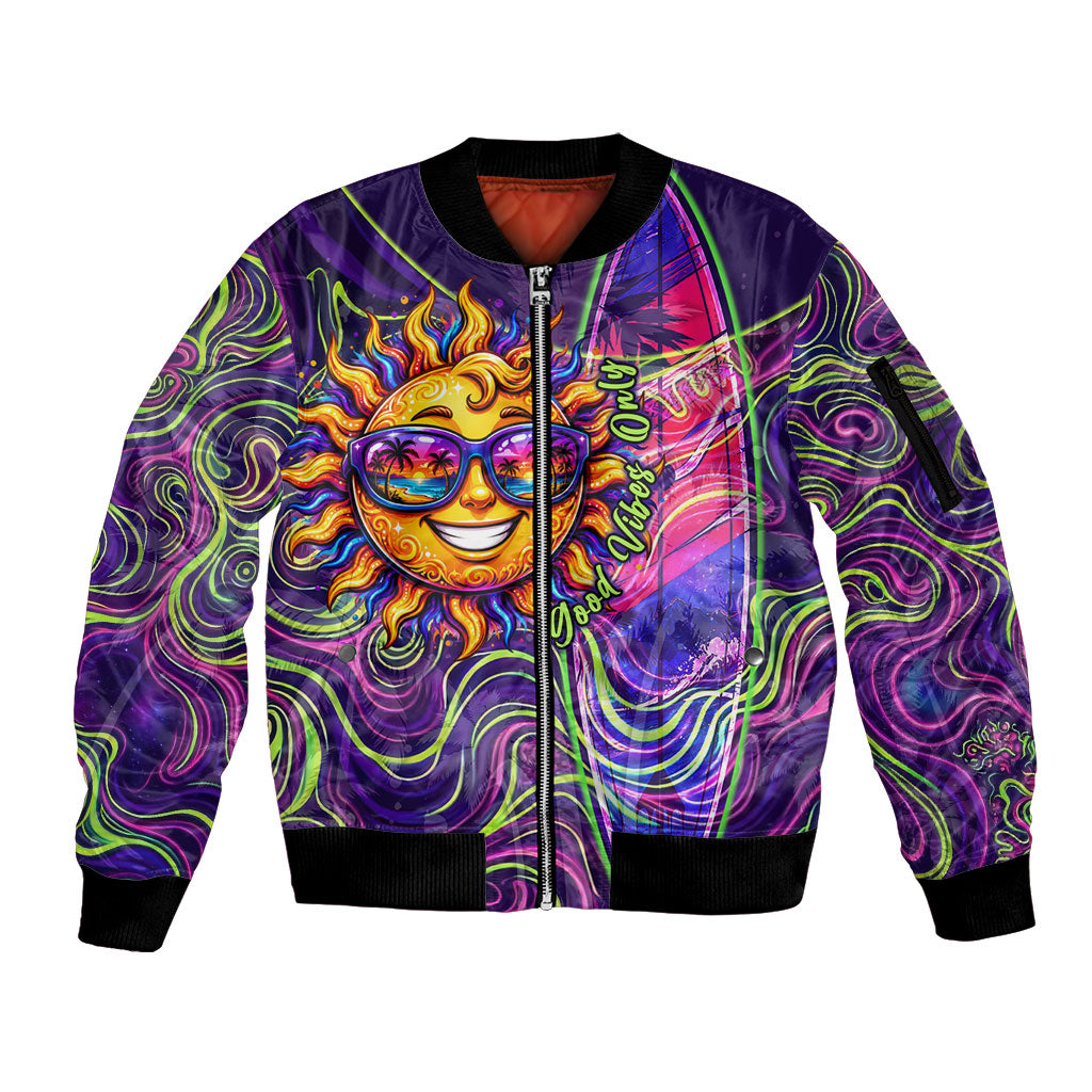 Waimanalo Hawaii Sun Rabbit Sleeve Zip Bomber Jacket Psychedelic Trippy Neon Swirl Graphic
