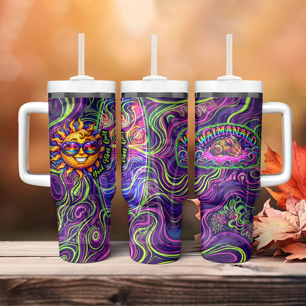 Waimanalo Hawaii Sun Rabbit Tumbler With Handle Psychedelic Trippy Neon Swirl Graphic