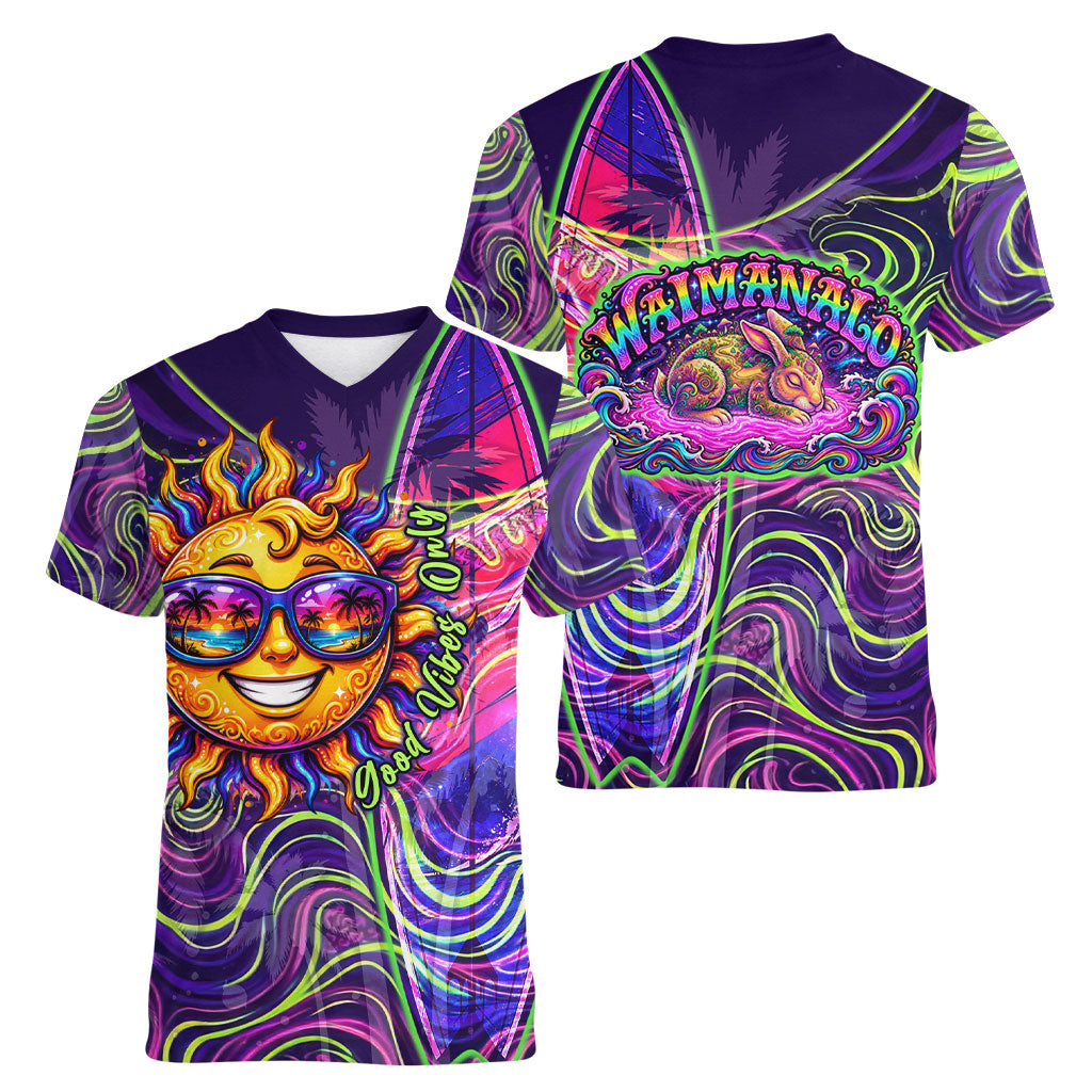 Waimanalo Hawaii Sun Rabbit Women V-Neck T-Shirt Psychedelic Trippy Neon Swirl Graphic
