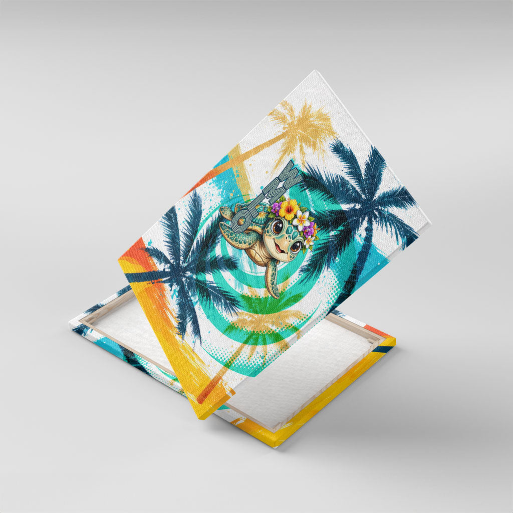 Hawaii Waimanalo Sea Turtle Canvas Wall Art Cute Tropical Beach Aloha Spirit Cartoon