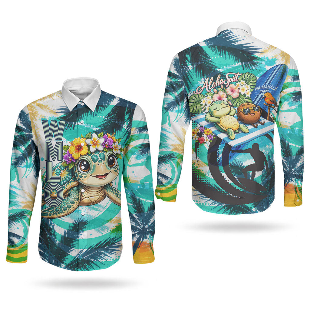 Hawaii Waimanalo Sea Turtle Couples Matching Long Sleeve Bodycon Dress and Long Sleeve Button Shirt Cute Tropical Beach Aloha Spirit Cartoon