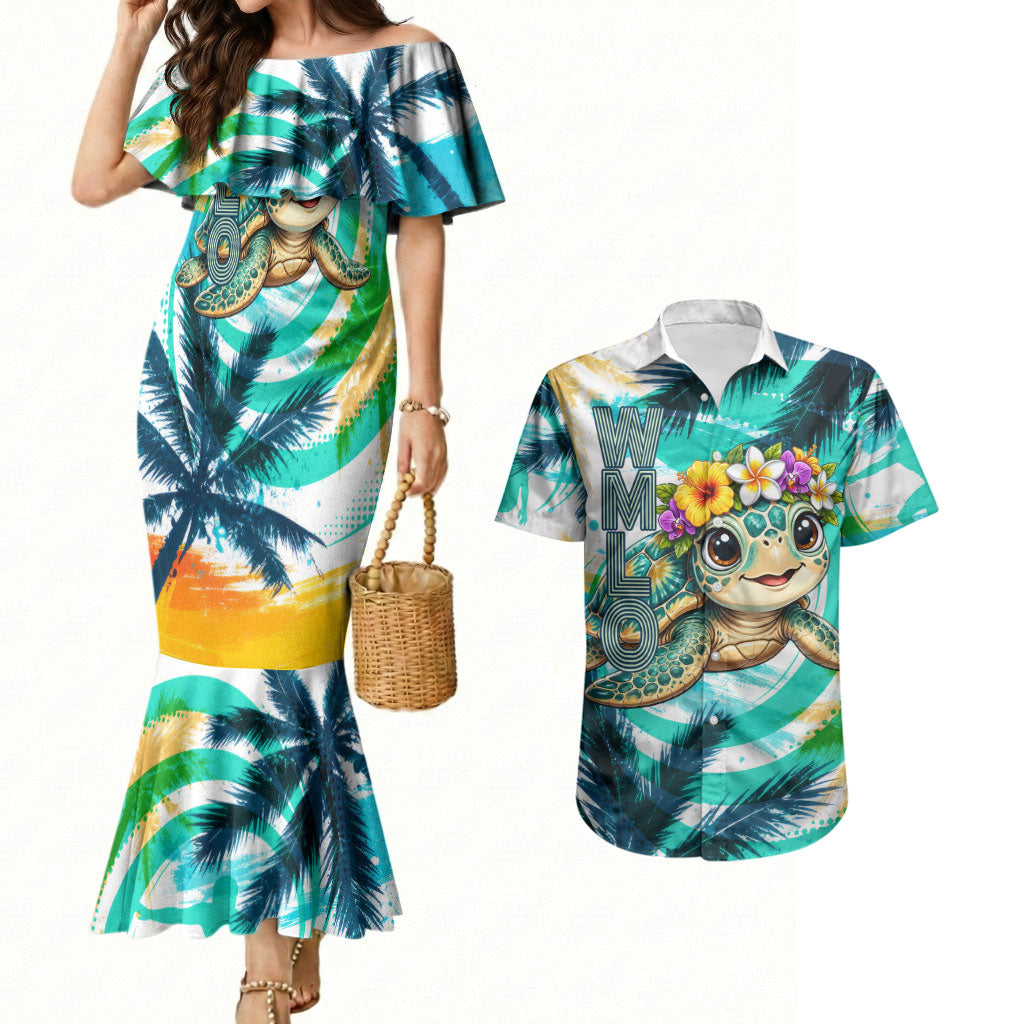 Hawaii Waimanalo Sea Turtle Couples Matching Mermaid Dress and Hawaiian Shirt Cute Tropical Beach Aloha Spirit Cartoon