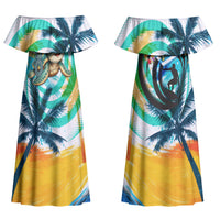 Hawaii Waimanalo Sea Turtle Couples Matching Off Shoulder Maxi Dress and Hawaiian Shirt Cute Tropical Beach Aloha Spirit Cartoon