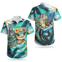 Hawaii Waimanalo Sea Turtle Couples Matching Off Shoulder Short Dress and Hawaiian Shirt Cute Tropical Beach Aloha Spirit Cartoon