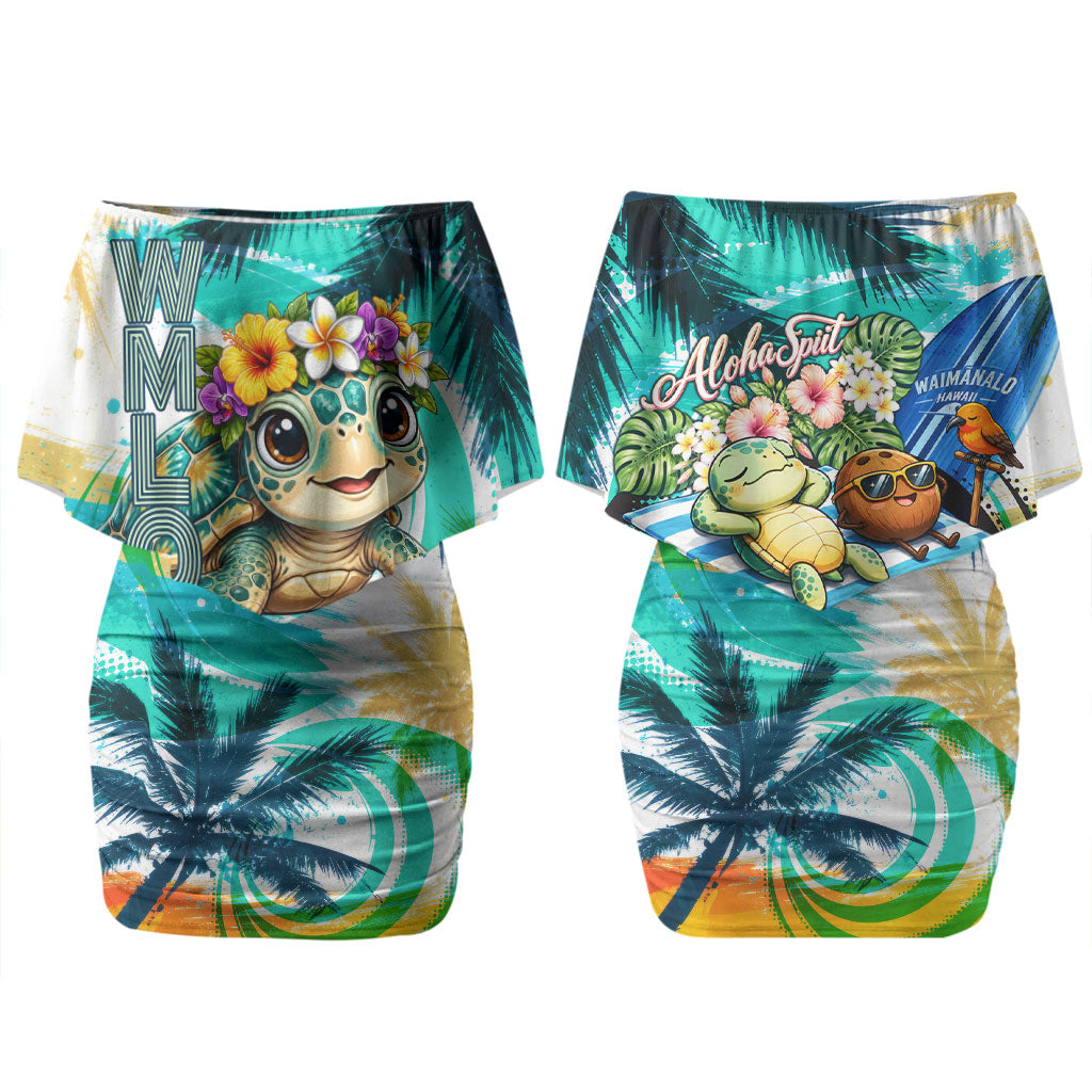 Hawaii Waimanalo Sea Turtle Couples Matching Off Shoulder Short Dress and Long Sleeve Button Shirt Cute Tropical Beach Aloha Spirit Cartoon