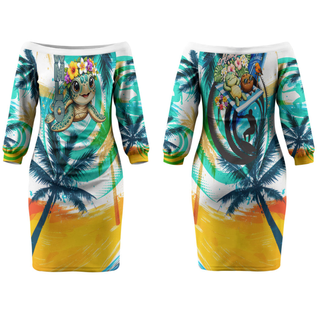 Hawaii Waimanalo Sea Turtle Couples Matching Off The Shoulder Long Sleeve Dress and Hawaiian Shirt Cute Tropical Beach Aloha Spirit Cartoon