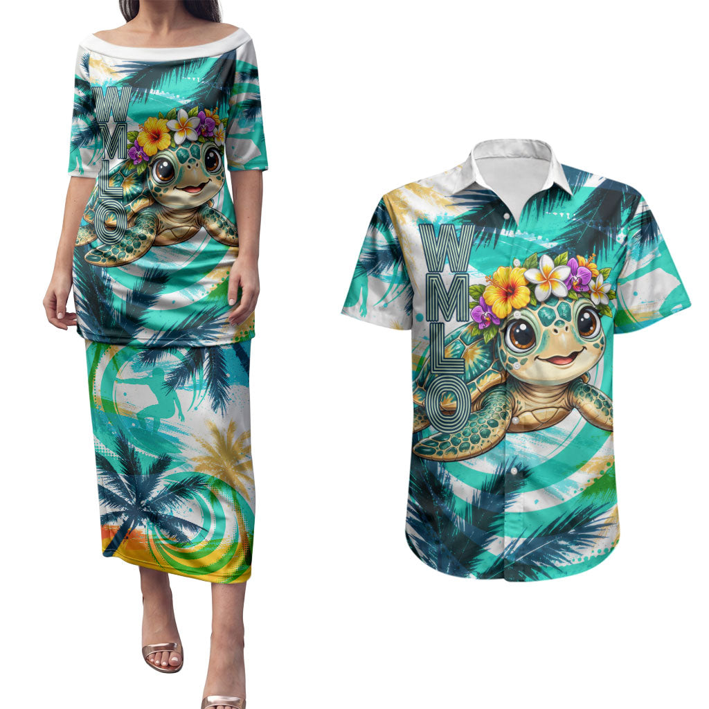 Hawaii Waimanalo Sea Turtle Couples Matching Puletasi and Hawaiian Shirt Cute Tropical Beach Aloha Spirit Cartoon