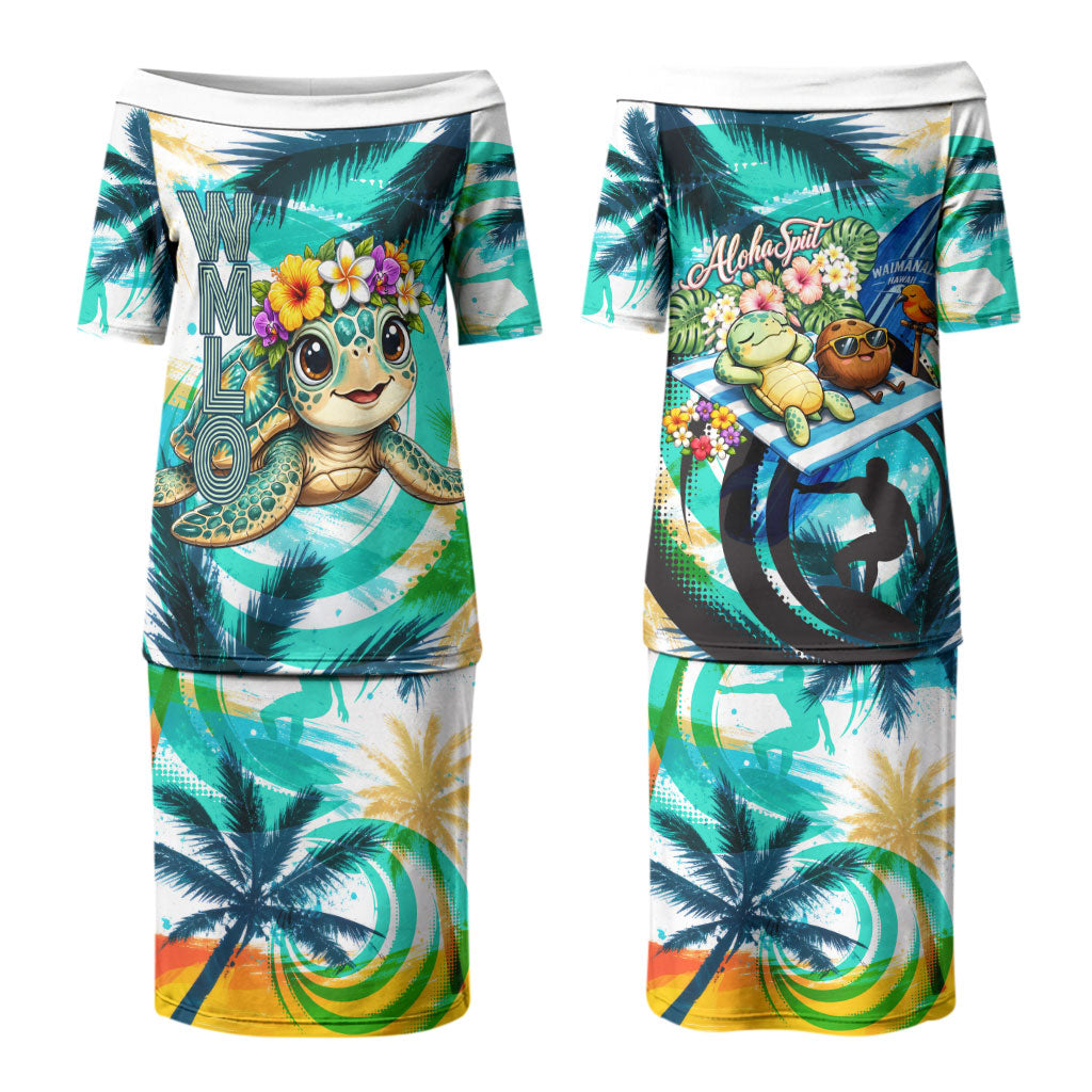 Hawaii Waimanalo Sea Turtle Couples Matching Puletasi and Long Sleeve Button Shirt Cute Tropical Beach Aloha Spirit Cartoon