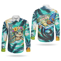 Hawaii Waimanalo Sea Turtle Couples Matching Short Sleeve Bodycon Dress and Long Sleeve Button Shirt Cute Tropical Beach Aloha Spirit Cartoon