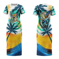 Hawaii Waimanalo Sea Turtle Couples Matching Short Sleeve Bodycon Dress and Long Sleeve Button Shirt Cute Tropical Beach Aloha Spirit Cartoon