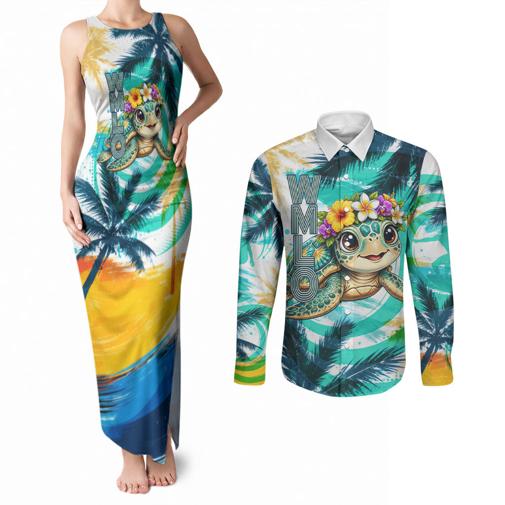 Hawaii Waimanalo Sea Turtle Couples Matching Tank Maxi Dress and Long Sleeve Button Shirt Cute Tropical Beach Aloha Spirit Cartoon