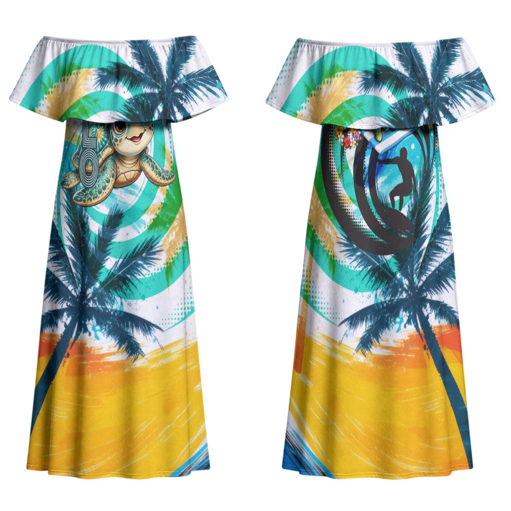Hawaii Waimanalo Sea Turtle Family Matching Off Shoulder Maxi Dress and Hawaiian Shirt Cute Tropical Beach Aloha Spirit Cartoon
