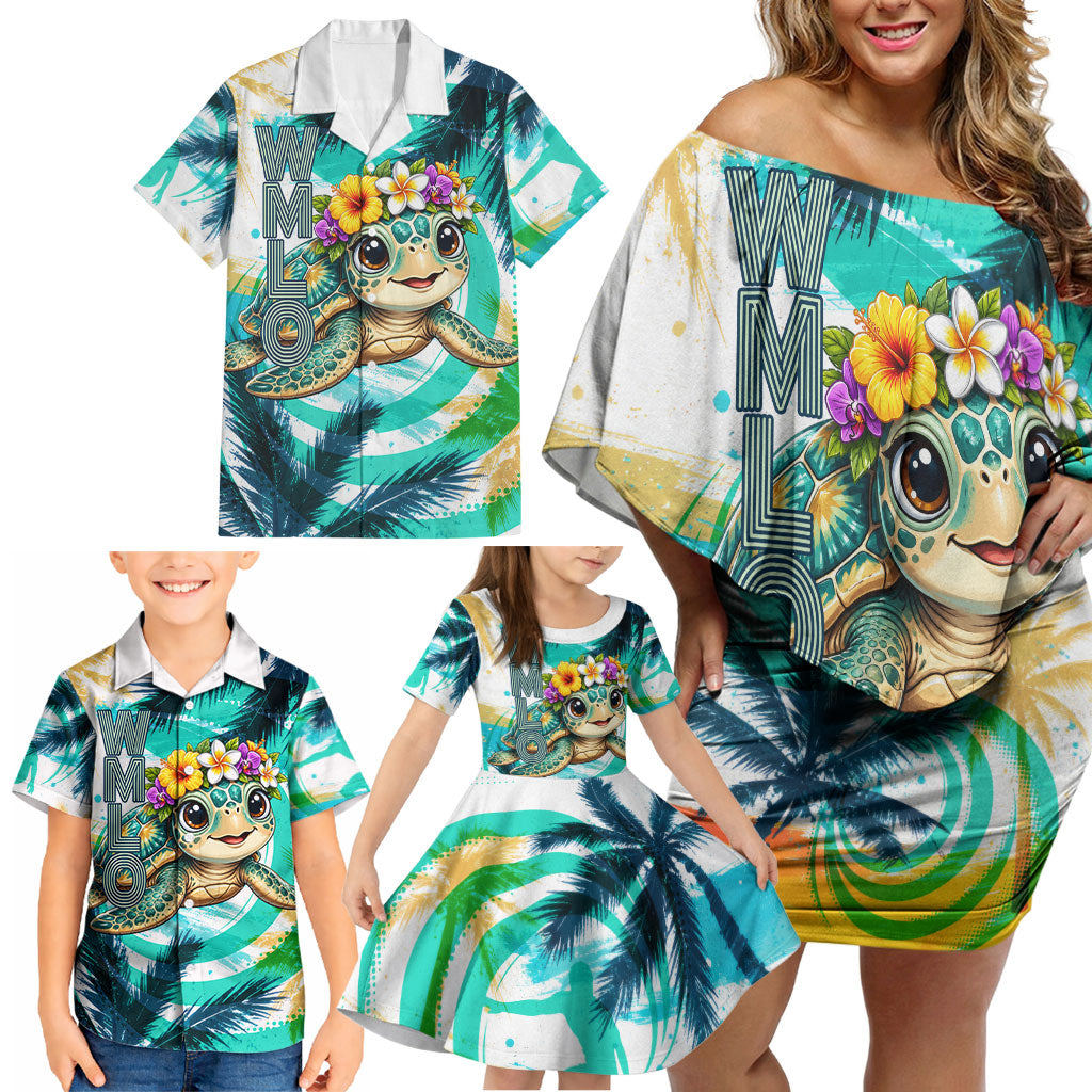 Hawaii Waimanalo Sea Turtle Family Matching Off Shoulder Short Dress and Hawaiian Shirt Cute Tropical Beach Aloha Spirit Cartoon TS04 - Polynesian Pride