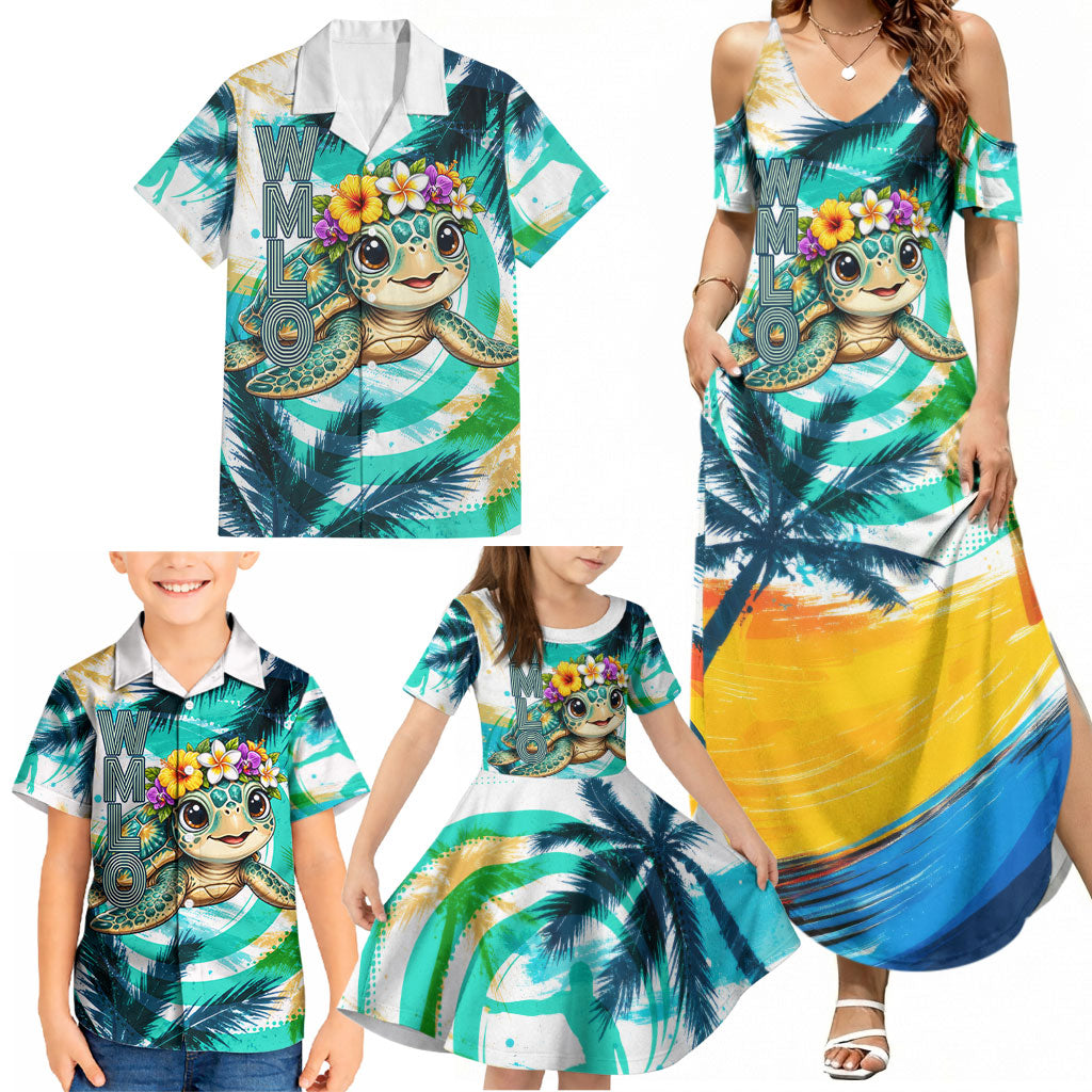 Hawaii Waimanalo Sea Turtle Family Matching Summer Maxi Dress and Hawaiian Shirt Cute Tropical Beach Aloha Spirit Cartoon