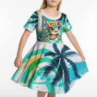 Hawaii Waimanalo Sea Turtle Kid Short Sleeve Dress Cute Tropical Beach Aloha Spirit Cartoon