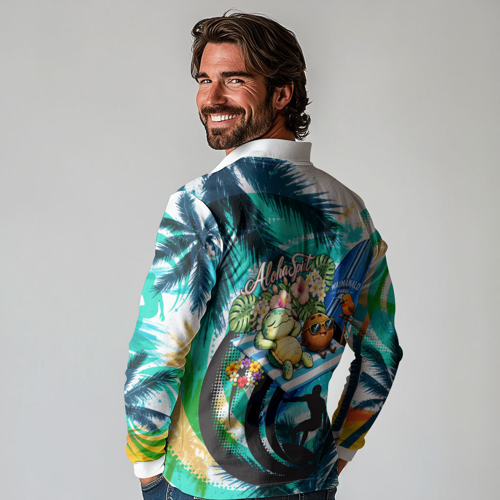 Hawaii Waimanalo Sea Turtle Long Sleeve Polo Shirt Cute Tropical Beach Aloha Spirit Cartoon