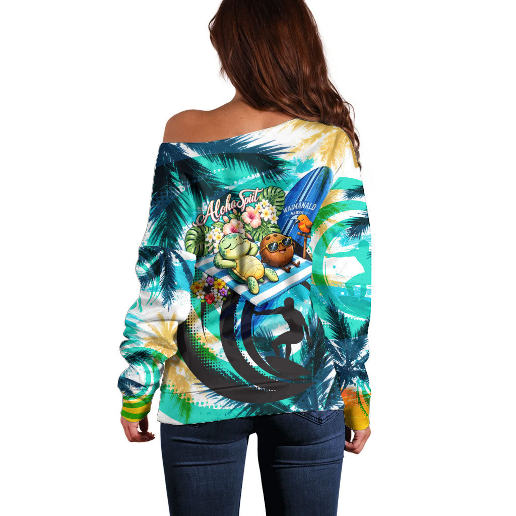 Hawaii Waimanalo Sea Turtle Off Shoulder Sweater Cute Tropical Beach Aloha Spirit Cartoon