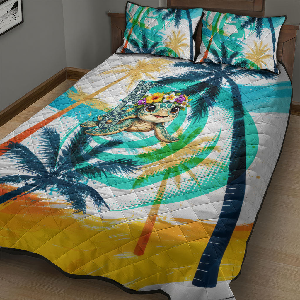 Hawaii Waimanalo Sea Turtle Quilt Bed Set Cute Tropical Beach Aloha Spirit Cartoon