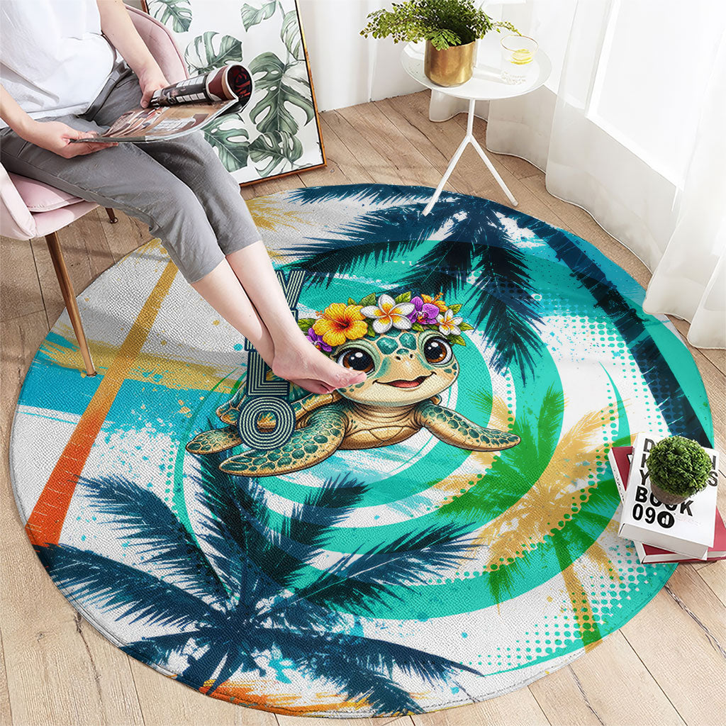 Hawaii Waimanalo Sea Turtle Round Carpet Cute Tropical Beach Aloha Spirit Cartoon