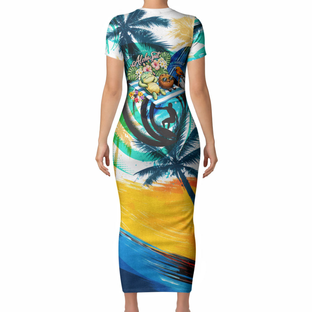 Hawaii Waimanalo Sea Turtle Short Sleeve Bodycon Dress Cute Tropical Beach Aloha Spirit Cartoon