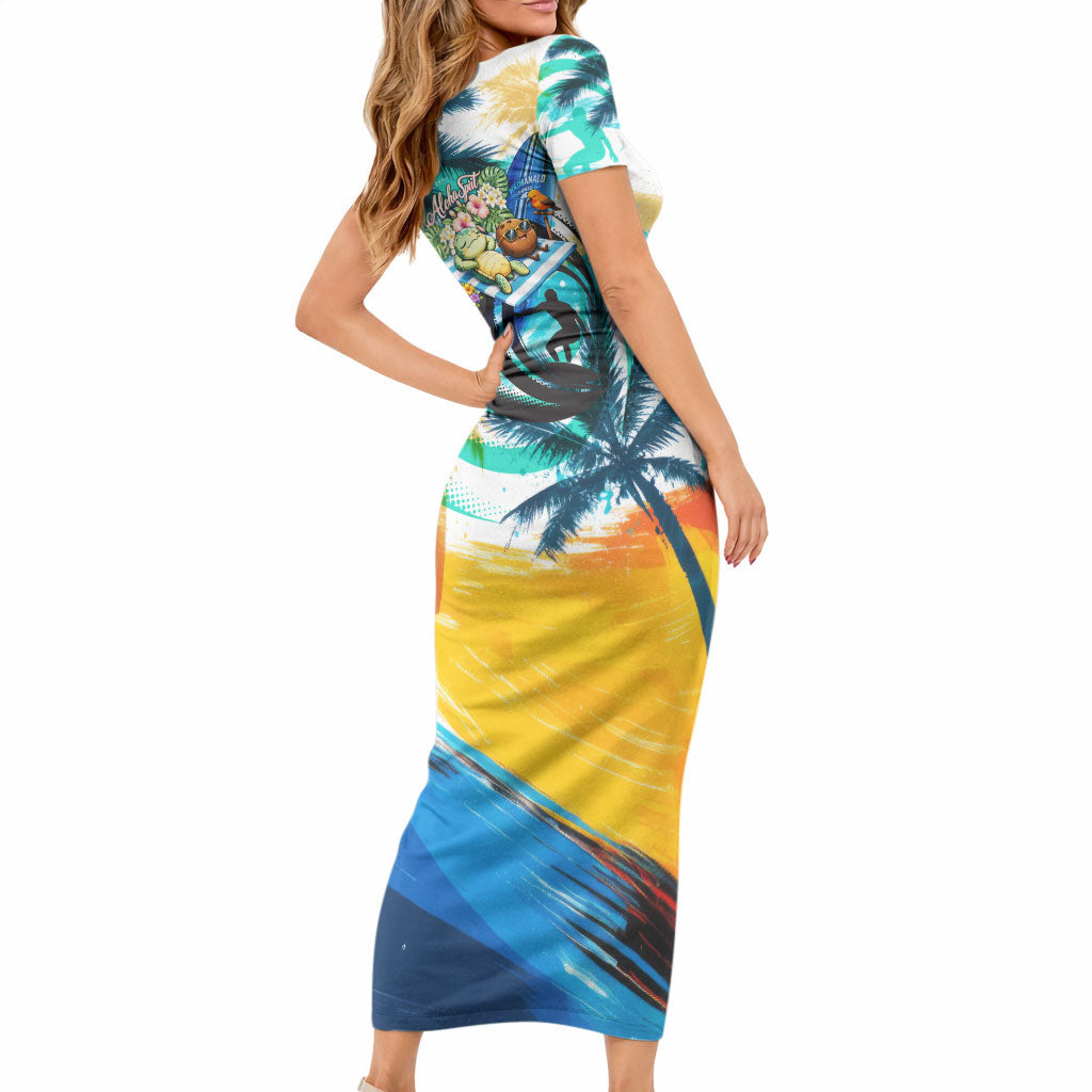 Hawaii Waimanalo Sea Turtle Short Sleeve Bodycon Dress Cute Tropical Beach Aloha Spirit Cartoon