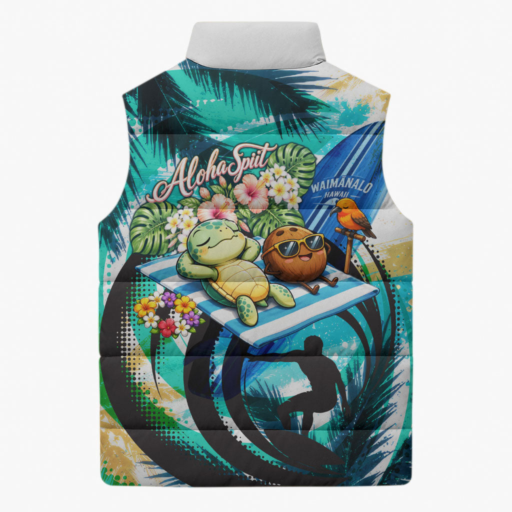 Hawaii Waimanalo Sea Turtle Sleeveless Puffer Jacket Cute Tropical Beach Aloha Spirit Cartoon