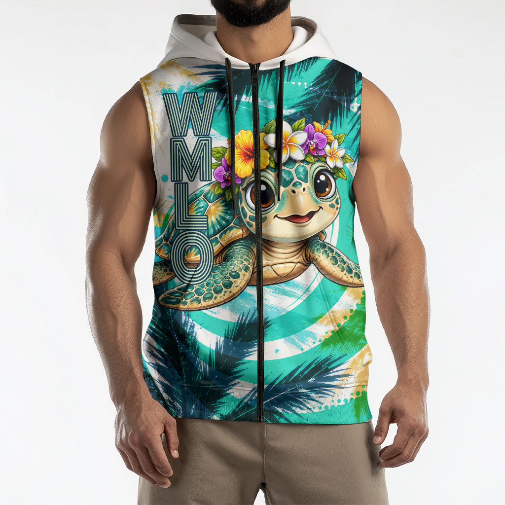Hawaii Waimanalo Sea Turtle Sleeveless Zip Hoodie Cute Tropical Beach Aloha Spirit Cartoon