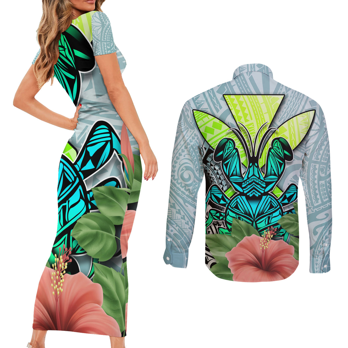 Polynesian Hawaii Couples Matching Short Sleeve Bodycon Dress and Long Sleeve Button Shirt Kanaka with Crab Tribal tattoo TS04 - Polynesian Pride