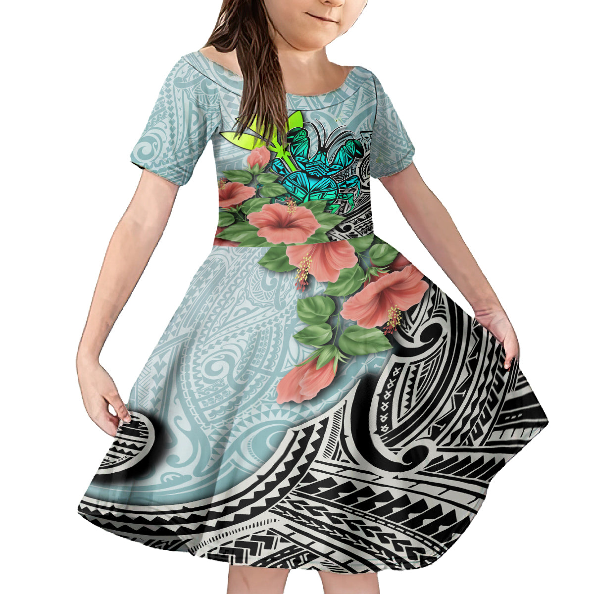 Polynesian Hawaii Family Matching Puletasi Dress and Hawaiian Shirt Kanaka with Crab Tribal tattoo TS04 Daughter's Dress Multicolor - Polynesian Pride