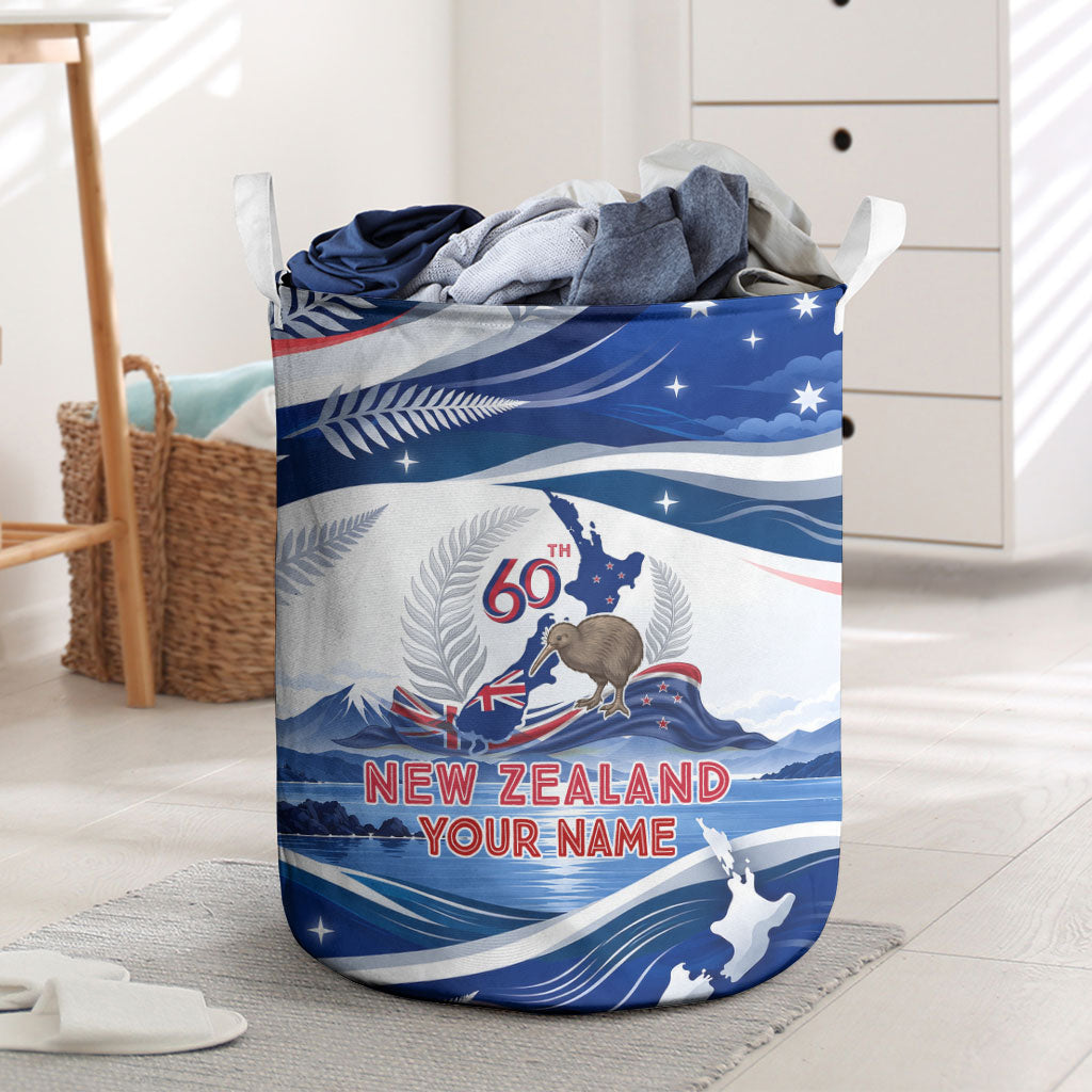 Personalized New Zealand 60th Birthday Laundry Basket Silver Fern Kiwi Bird Coat Of Arms Flag Graphic Art