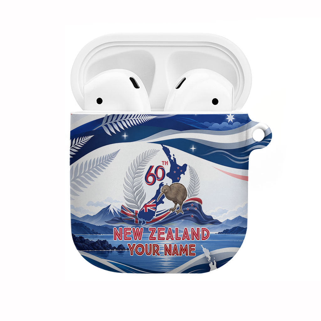 Personalized New Zealand 60th Birthday AirPods Case Silver Fern Kiwi Bird Coat Of Arms Flag Graphic Art